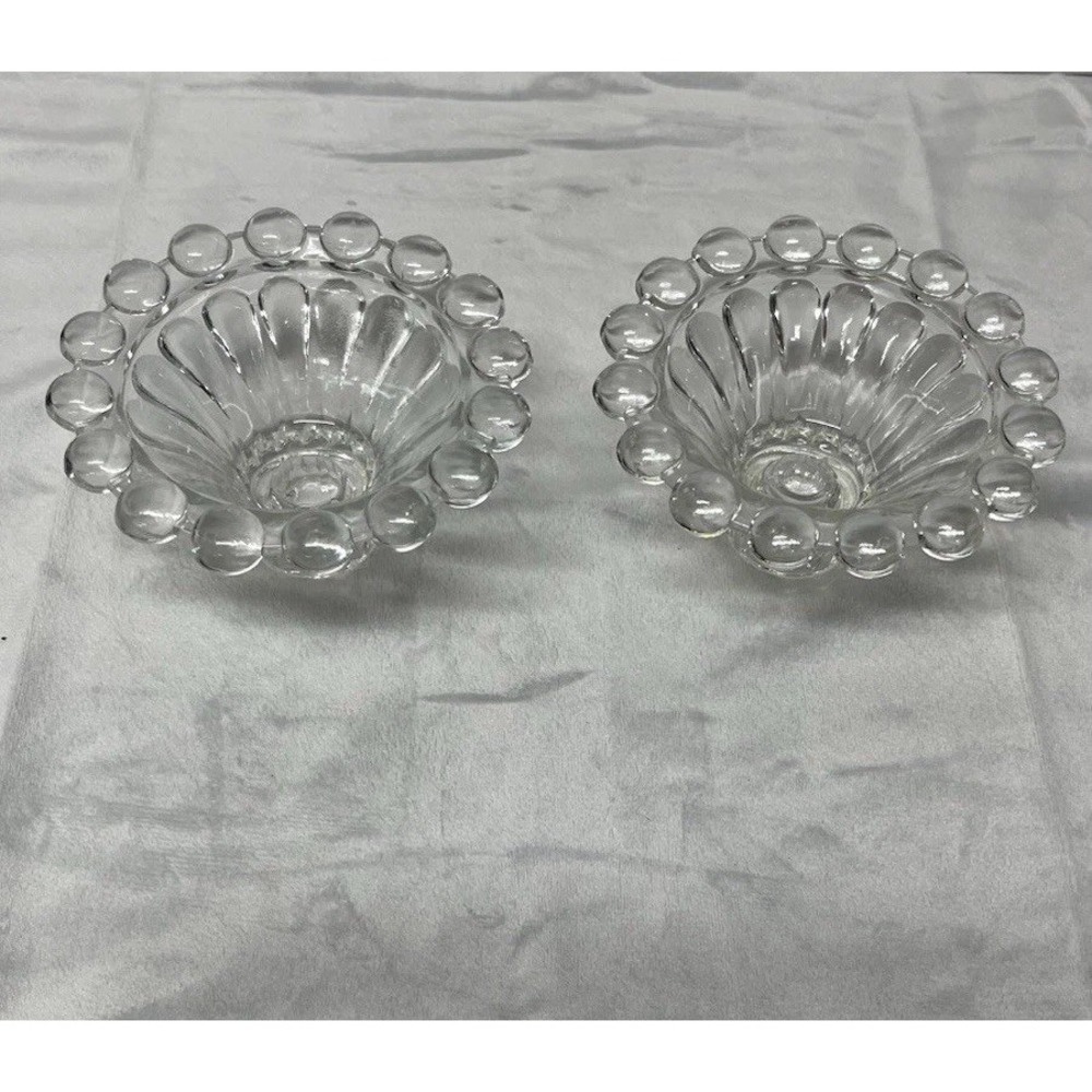 Vintage Candlewick Style Beaded Glass Taper Candle Holders Set of 2